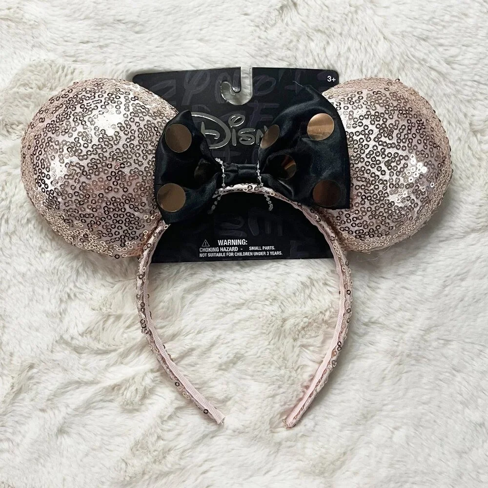 Disney Rose Gold Sequins Black Satin Polka Dot Bow Minnie Mouse Ears NWT
